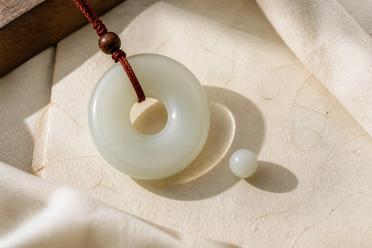 Jade Ping An Kou peace buckle showing inner and outer circles with soft circular shadows