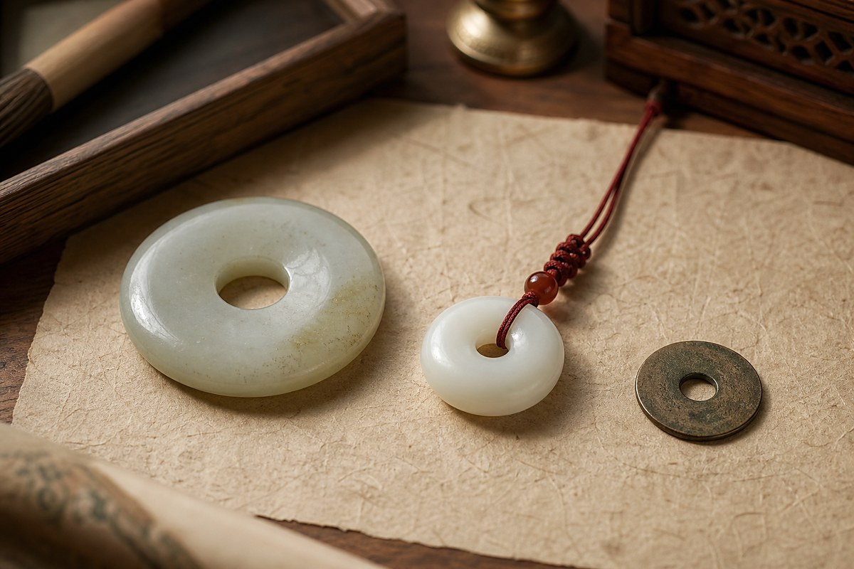 Jade peace buckle beside jade bi disk and aged coin reference on parchment