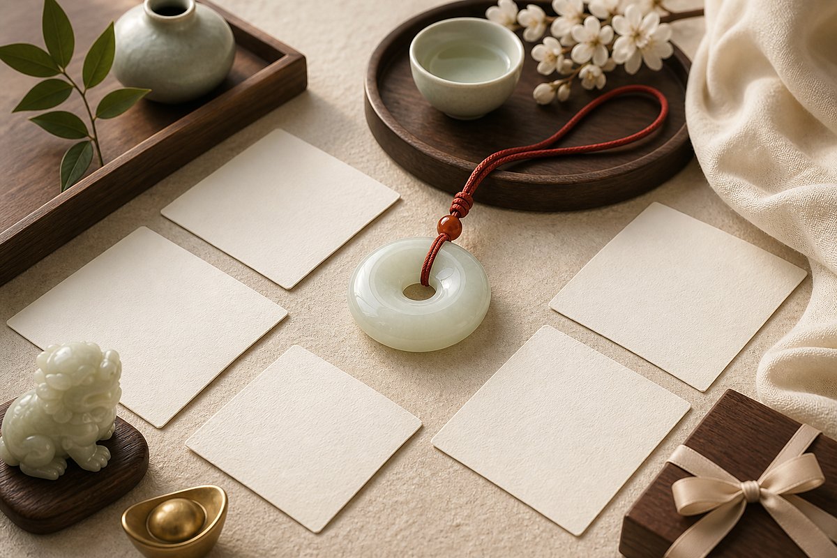 Jade Ping An Kou peace buckle with blank cards for peace, harmony, fortune, and gifting meanings