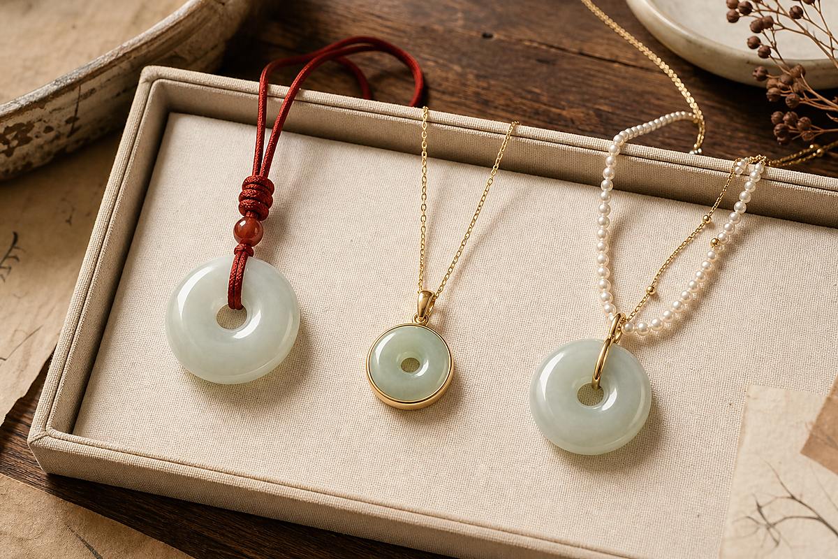 Jade Ping An Kou pendants styled with red cord, soft gold setting, pearl, and fine chain