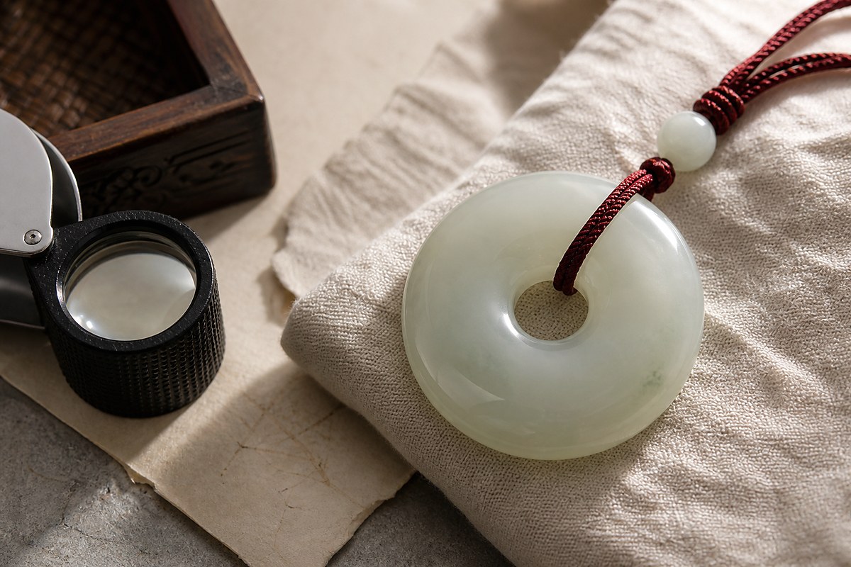 Jade Ping An Kou peace buckle inspected on soft cloth for polish, round edges, and clean center opening