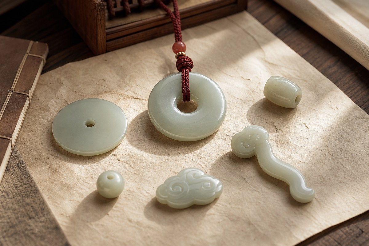 Central jade Ping An Kou peace buckle with separate jade bi, ruyi, cloud motif, and bead tokens