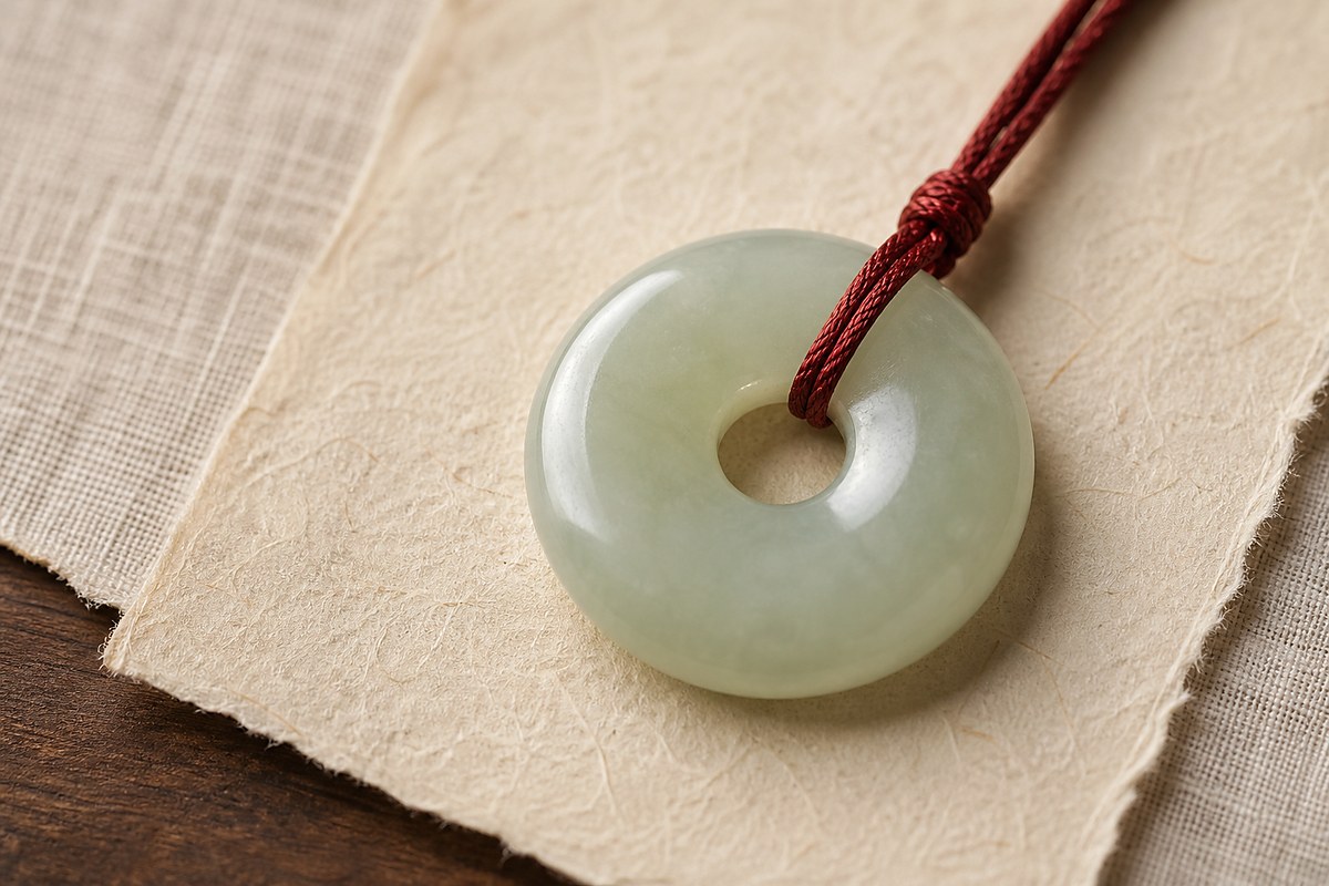 Close view of a smooth jade Ping An Kou peace buckle with round outer edge and round center opening