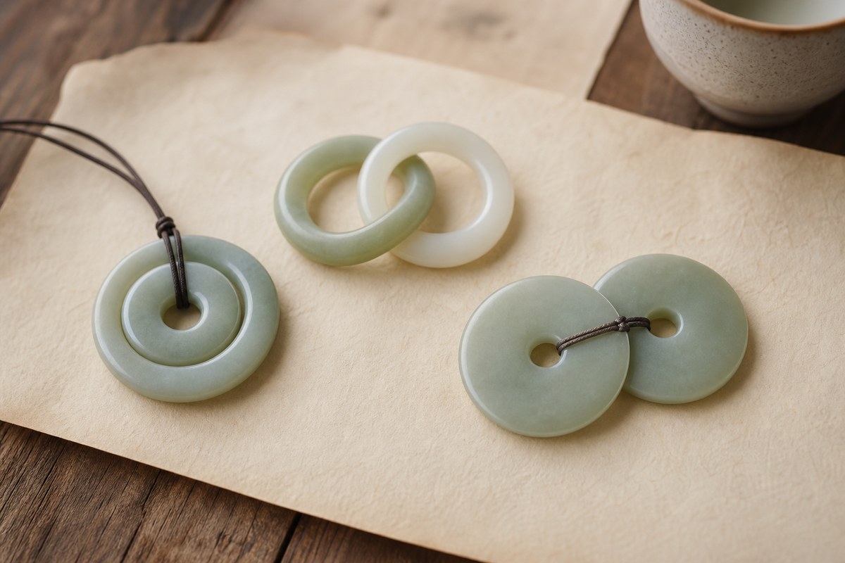 Concentric jade pendant, interlocking jade rings, and paired jade discs on parchment