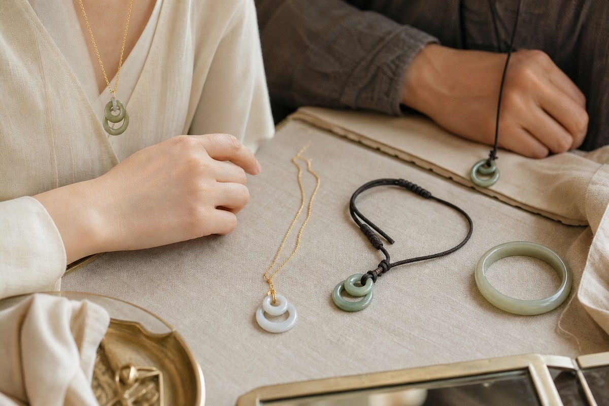 Double-circle jade pendants styled with gold chain and dark cord