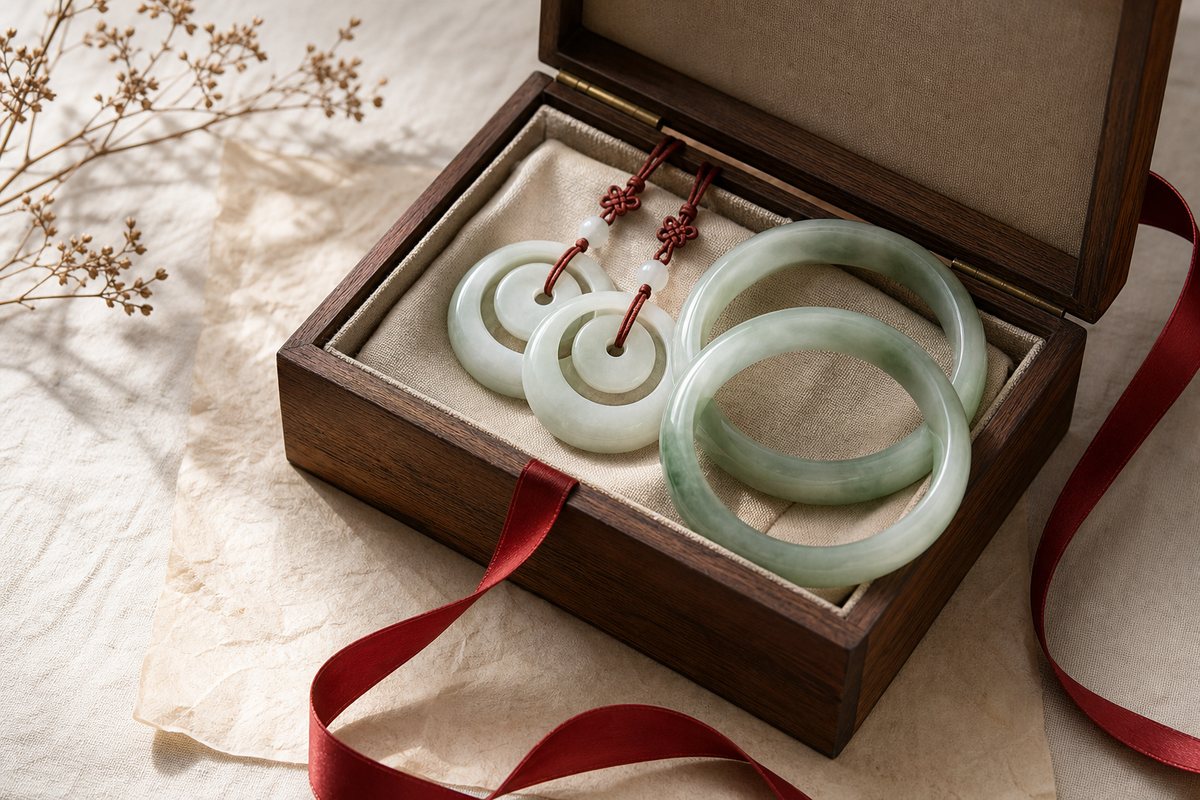 Double-disc jade pendants and paired jade bangles in a wooden gift box