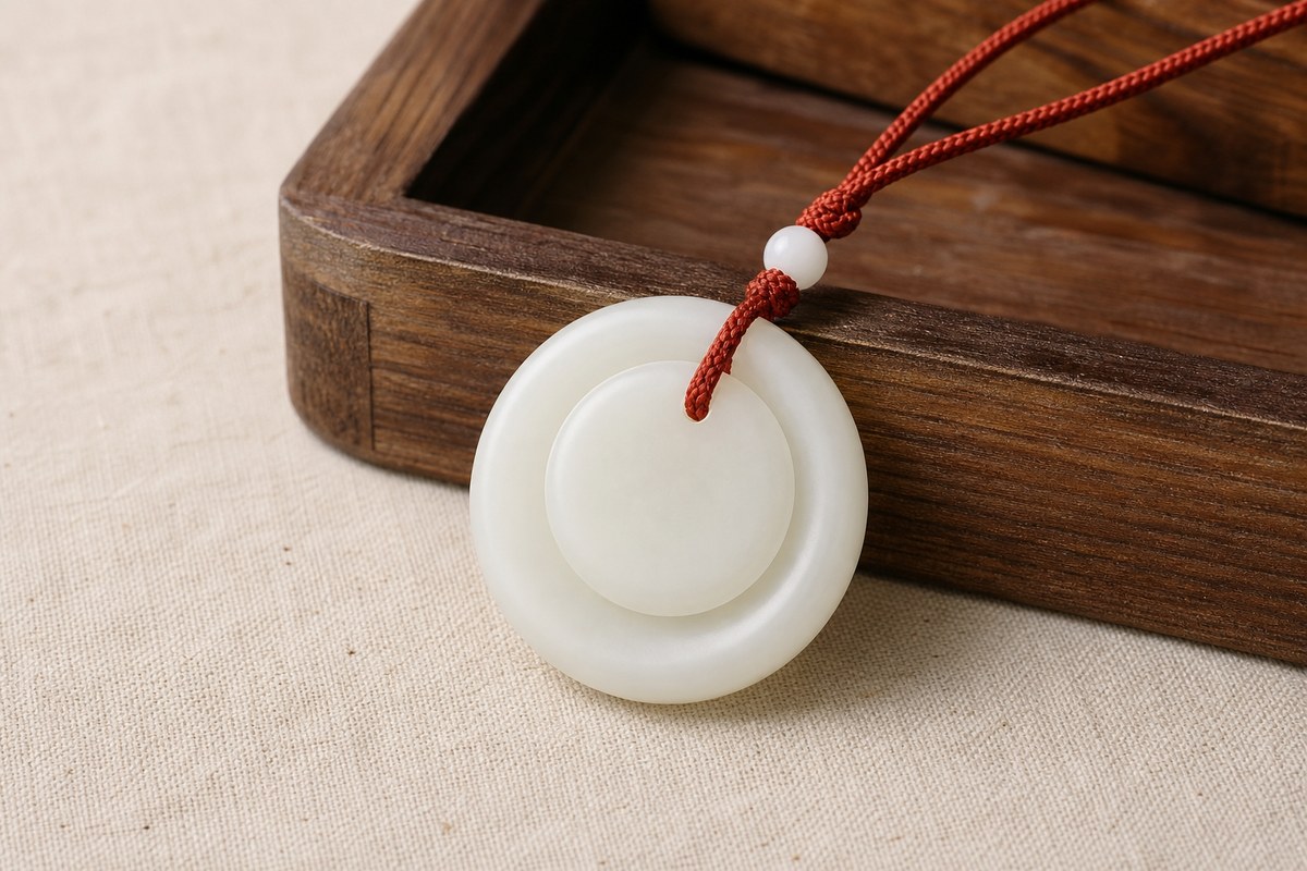 Double-disc Hetian jade pendant with red cord on linen