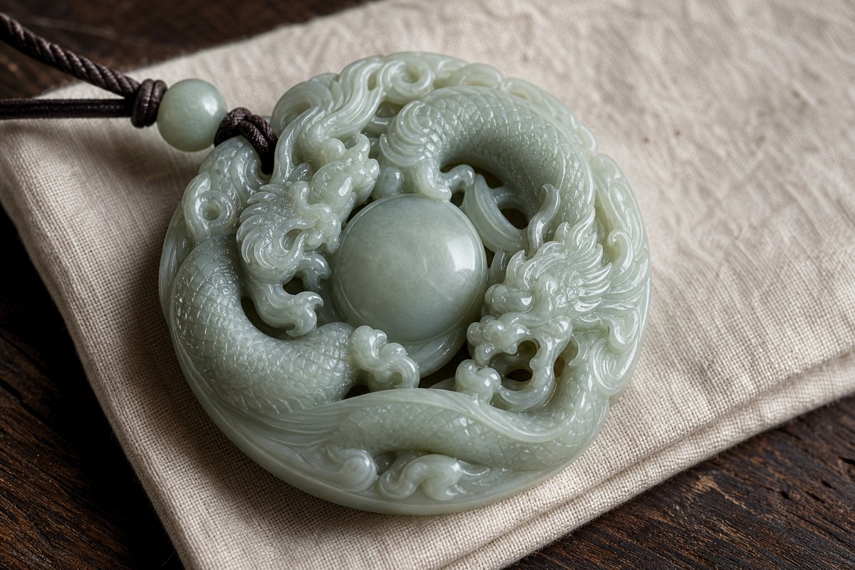 Double dragon jade carving around a central jade disc