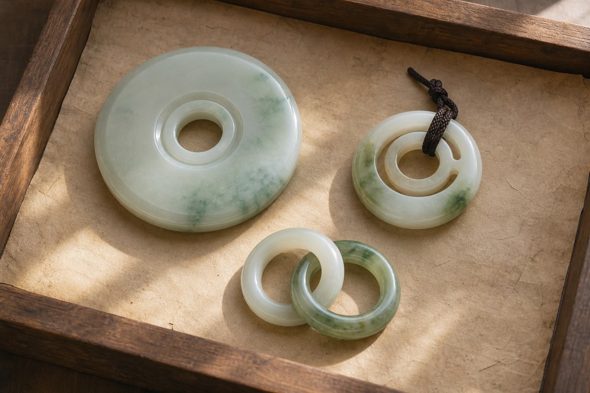 Jade bi disc, concentric lock, and interlocking jade rings on parchment