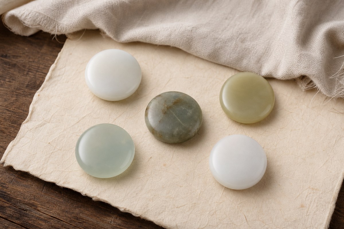 Jade material samples showing white, green, and river-polished tones
