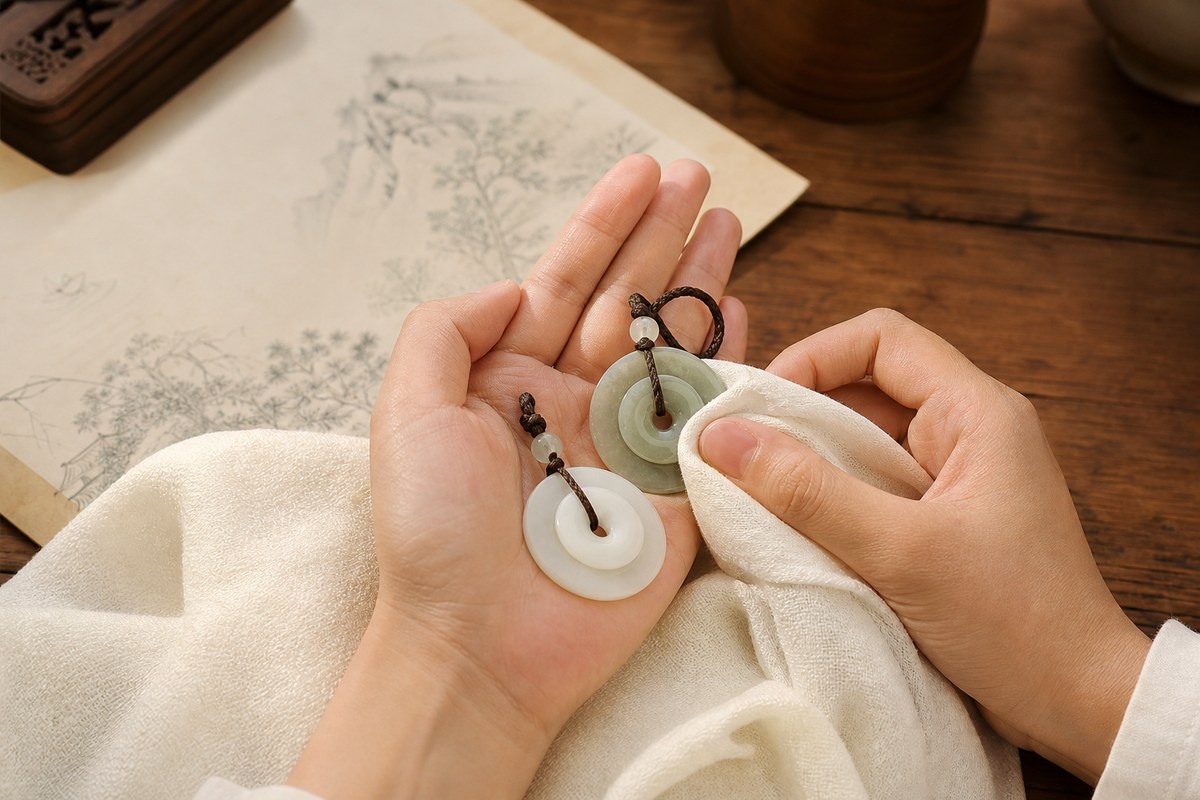 Hands gently rubbing double-disc jade pendants with a soft cloth