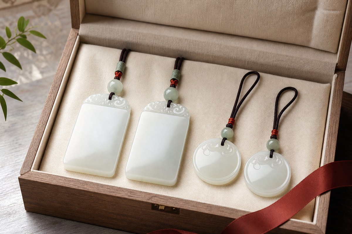 Paired jade plaques and round jade pendants in a wooden gift box