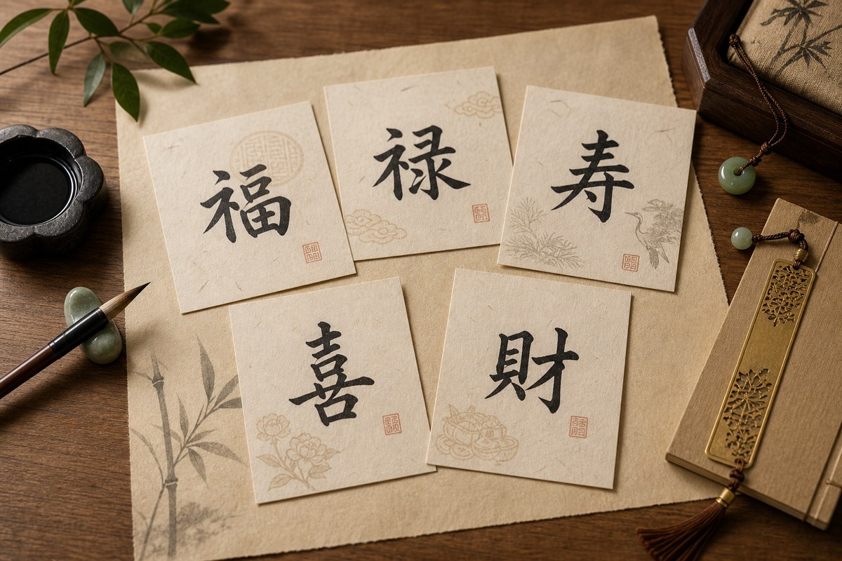 Auspicious Chinese character cards with brush, jade bead, and gold bookmark on parchment