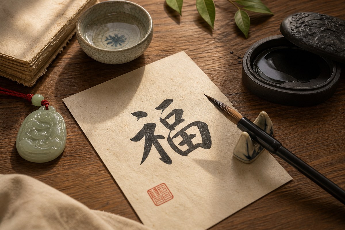 Brush-written auspicious Chinese character card with inkstone, brush, and jade charm