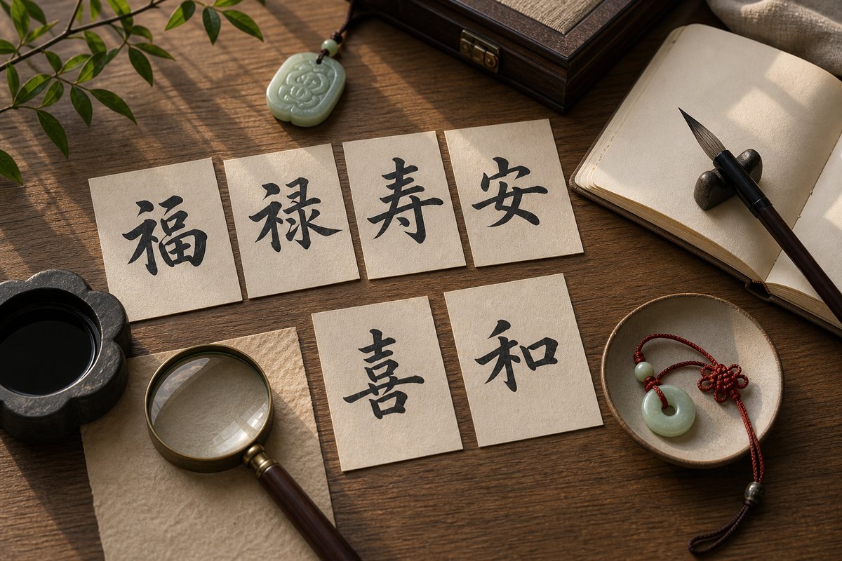 Auspicious Chinese character cards compared with brush, jade charm, and notebook on wooden table