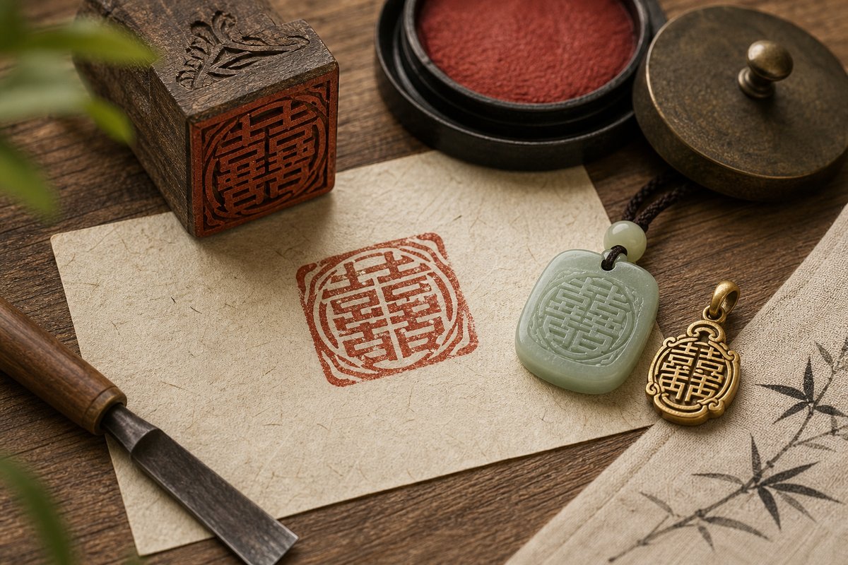 Combined auspicious character motif stamped on parchment beside carved stamp and jade pendant