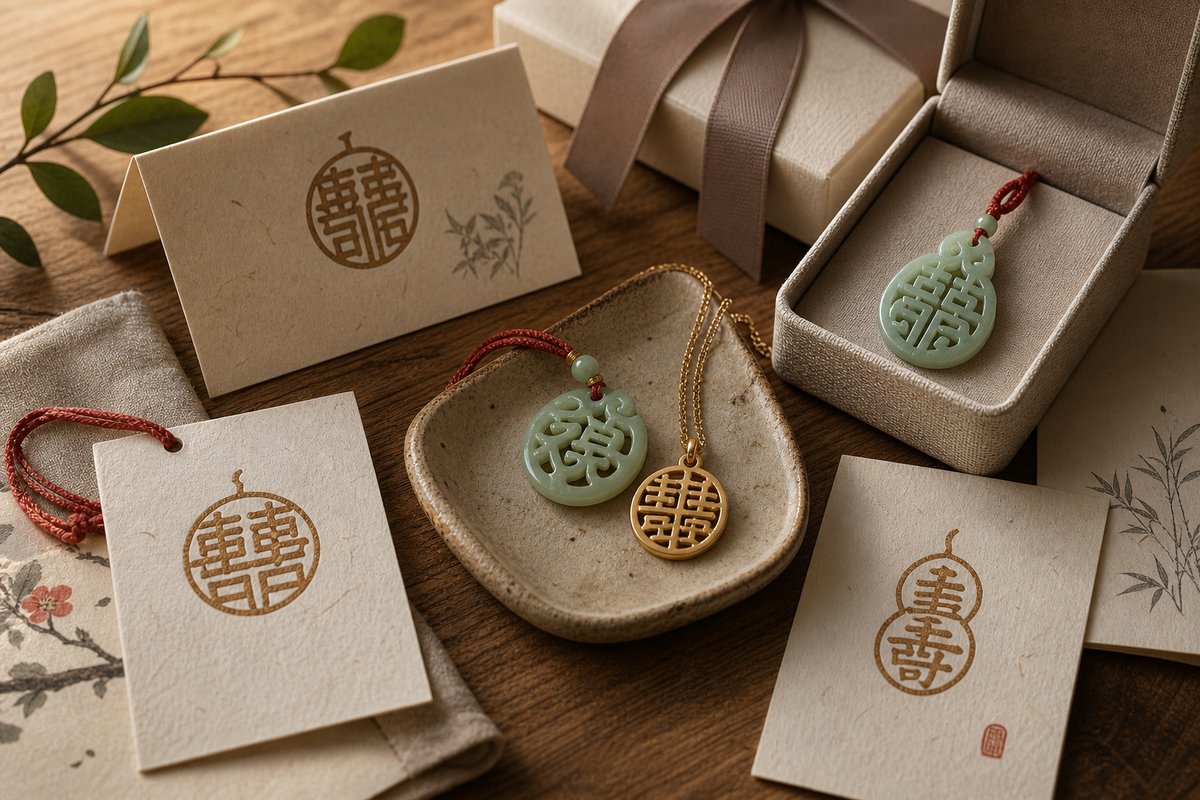 Combined-character blessing motifs on jade and soft gold gift charms with parchment cards