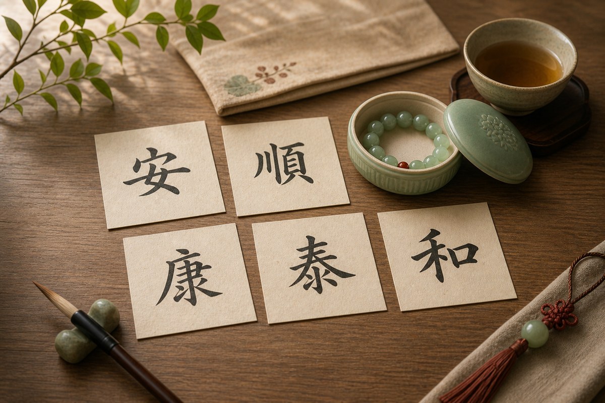 Daily blessing character cards beside a jade bracelet box, tea cup, and neutral linen