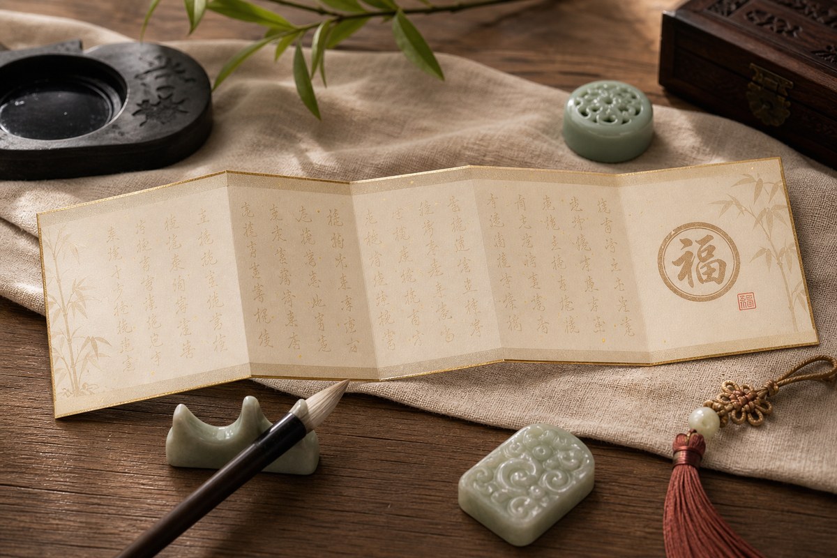 Long parchment blessing card with calligraphy brush, inkstone, and jade paperweight
