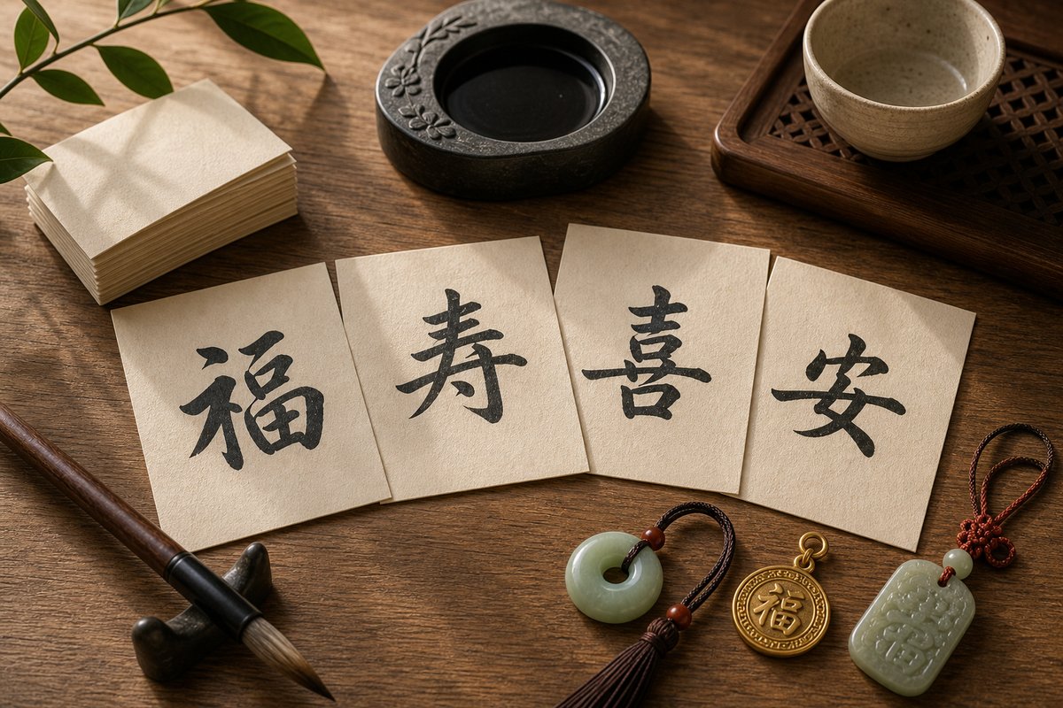 Auspicious Chinese character cards and jewelry charms beside brush, inkstone, jade bead, and ceramic cup