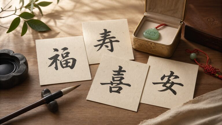 Auspicious Chinese characters on handmade cards with jade charm, brush, and jewelry box