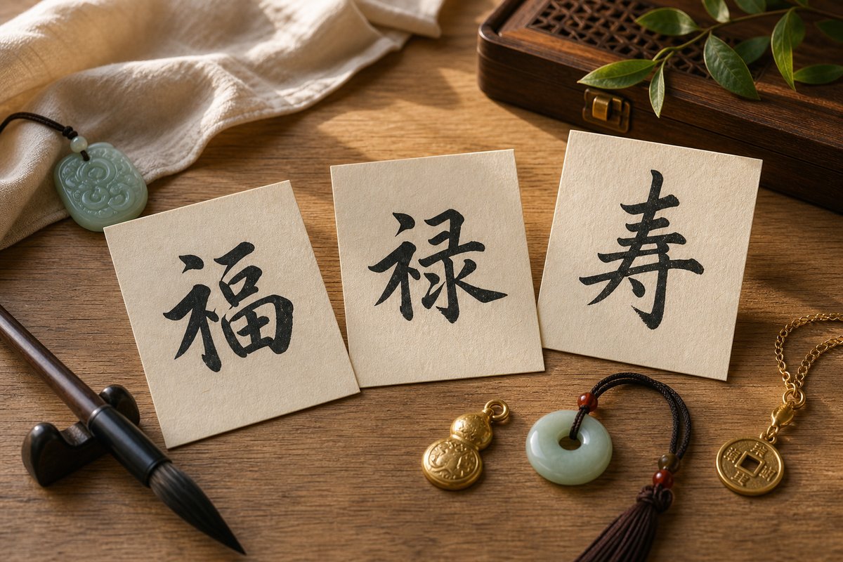 Fu, Lu, and Shou blessing character cards beside jade and soft gold accessories