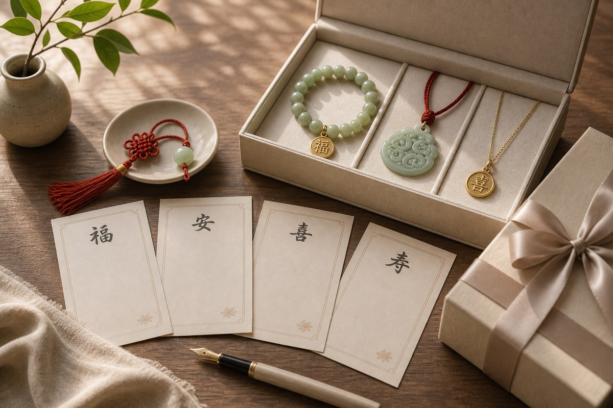 Auspicious character jewelry gift set with jade bracelet, gold pendant, red cord, and parchment cards
