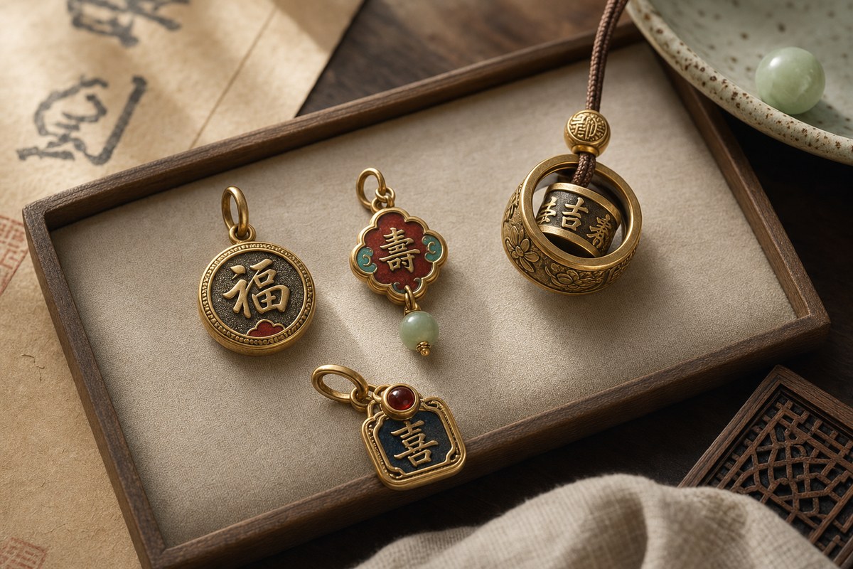 Ancient-style gold charm, enamel accent, gemstone bead, and rotating auspicious character pendant