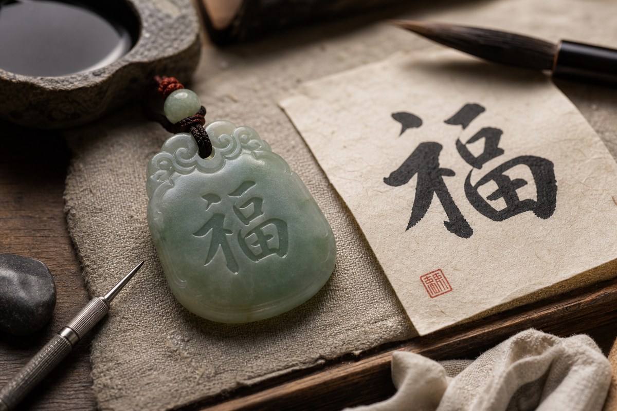 Engraved jade pendant beside a brush-written auspicious character reference on parchment