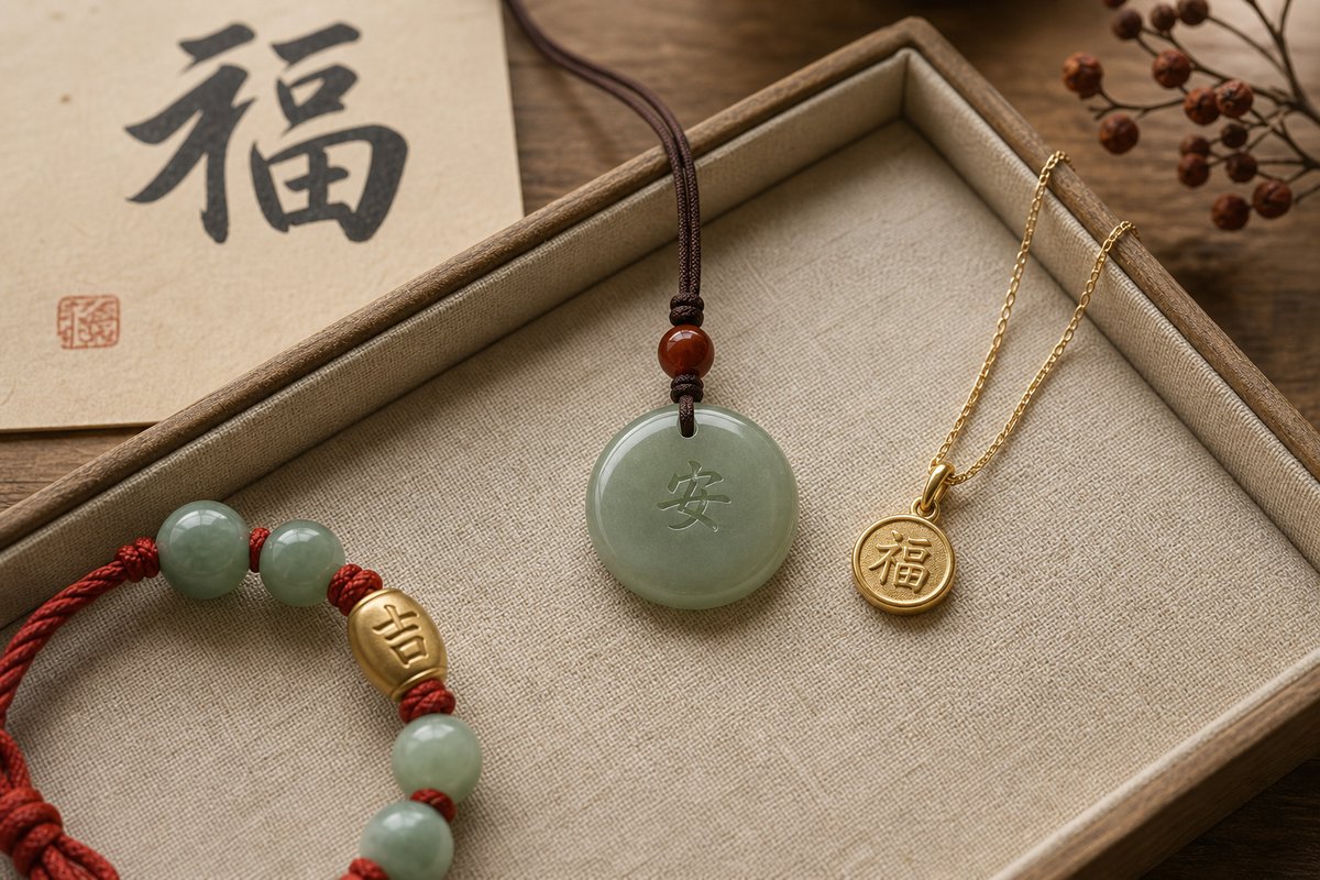 Jade pendant, gold charm, and bracelet with small auspicious Chinese character details