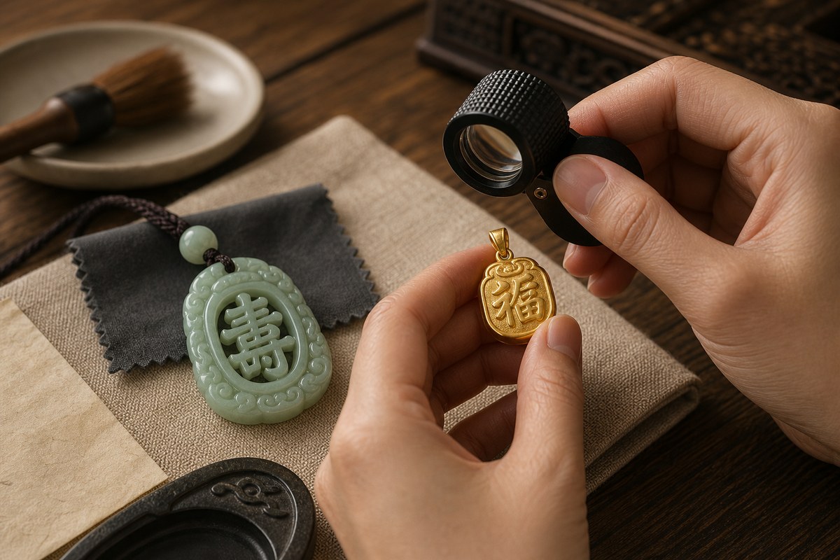 Auspicious character jade pendant and gold charm inspected with loupe on linen cloth