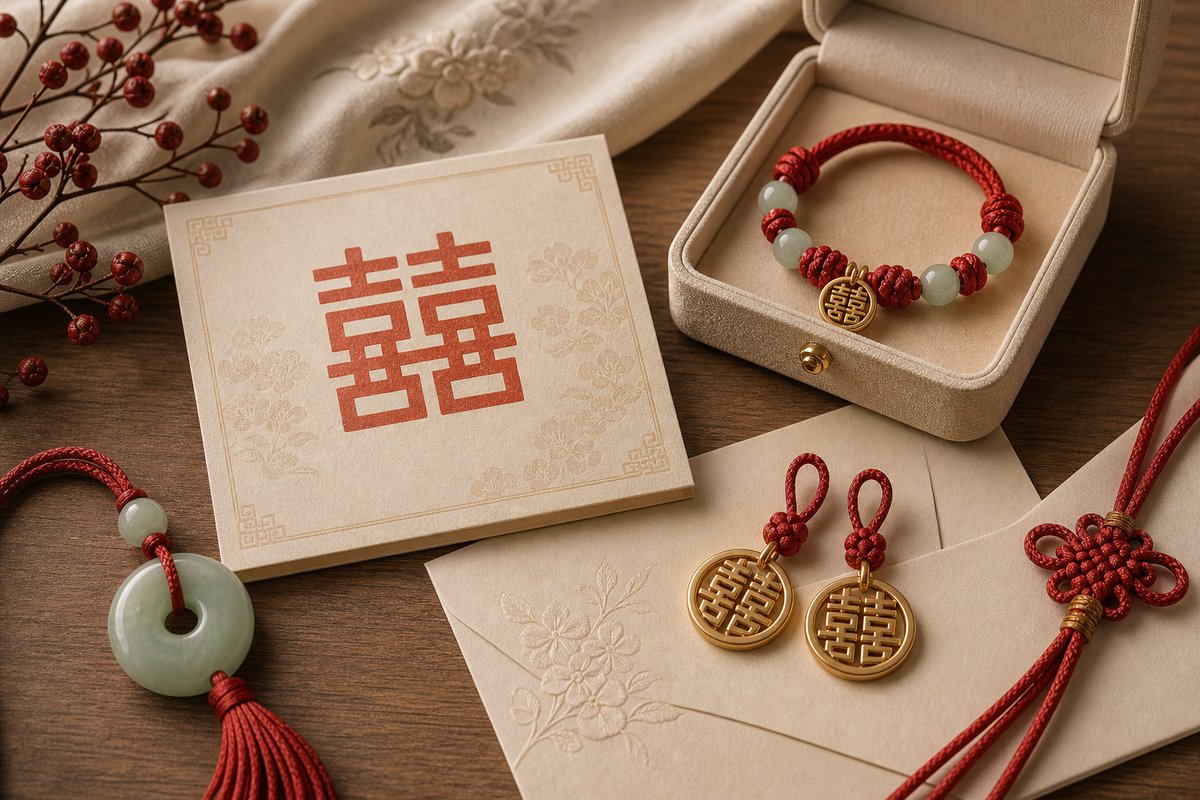 Double Happiness character gift card with jade bracelet, soft gold charms, and restrained red cord