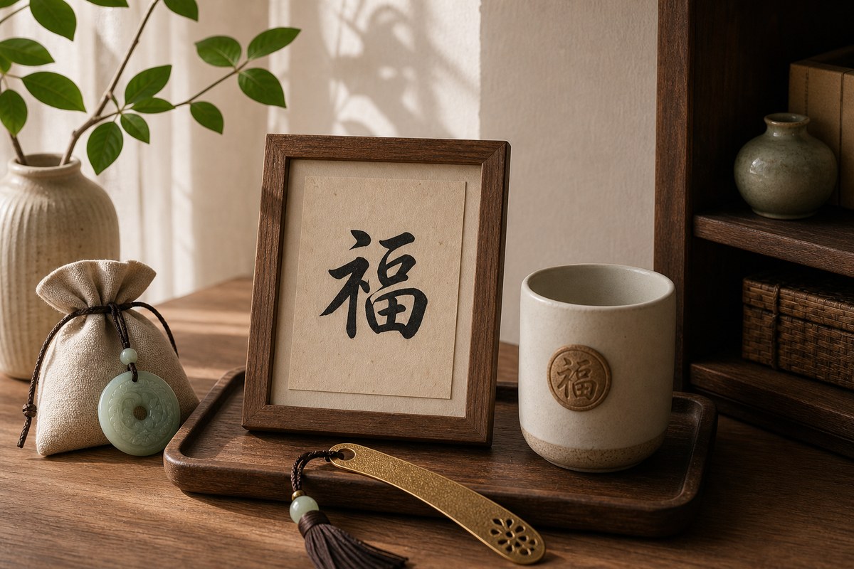Modern home gift arrangement with ceramic cup, framed blessing character card, jade charm, and wooden tray
