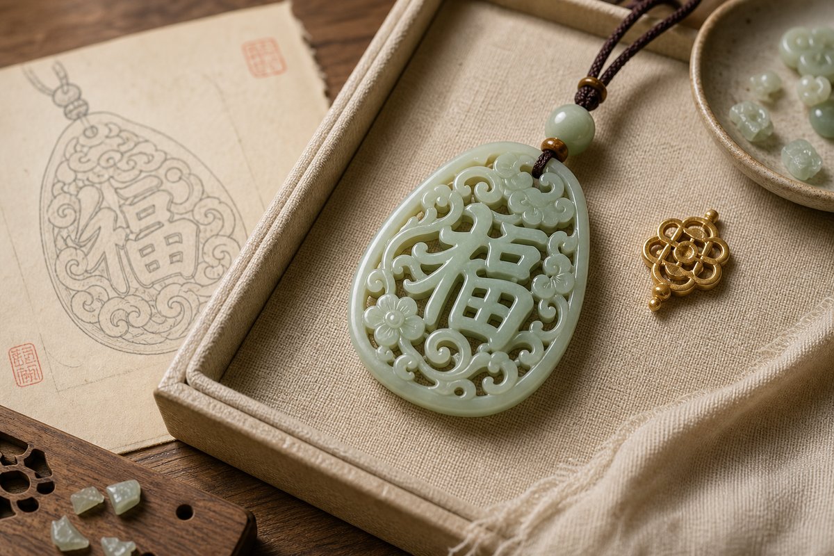 Openwork jade pendant combining auspicious character form with cloud and ruyi motifs