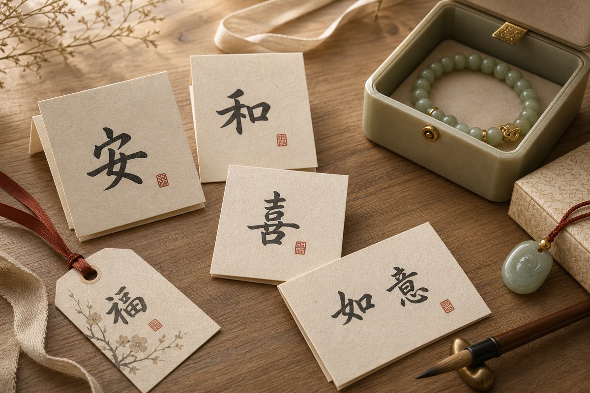 Short Chinese blessing character gift tags beside a jade bracelet box and cotton ribbon