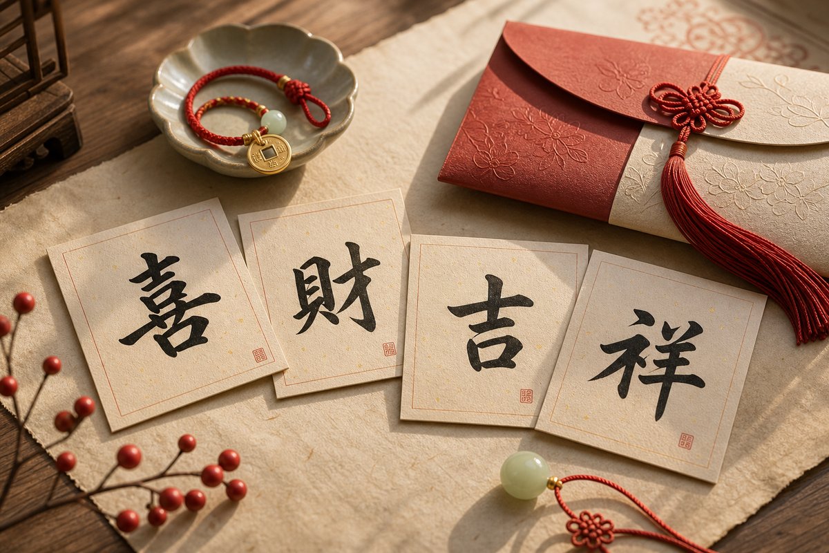 Xi, Cai, Ji, and Xiang auspicious character cards with jade bead, gift envelope, and soft gold charm