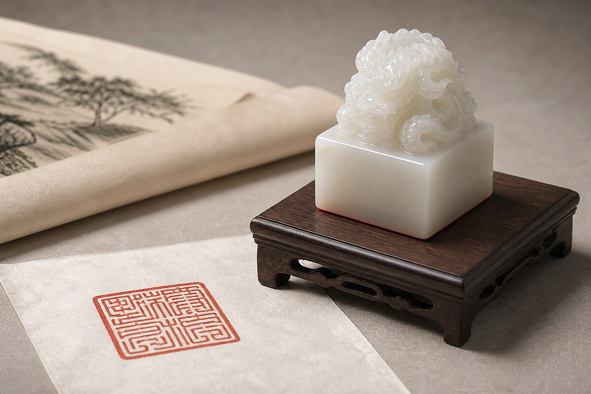 Jade seal with dragon knob displayed beside a red seal impression on rice paper