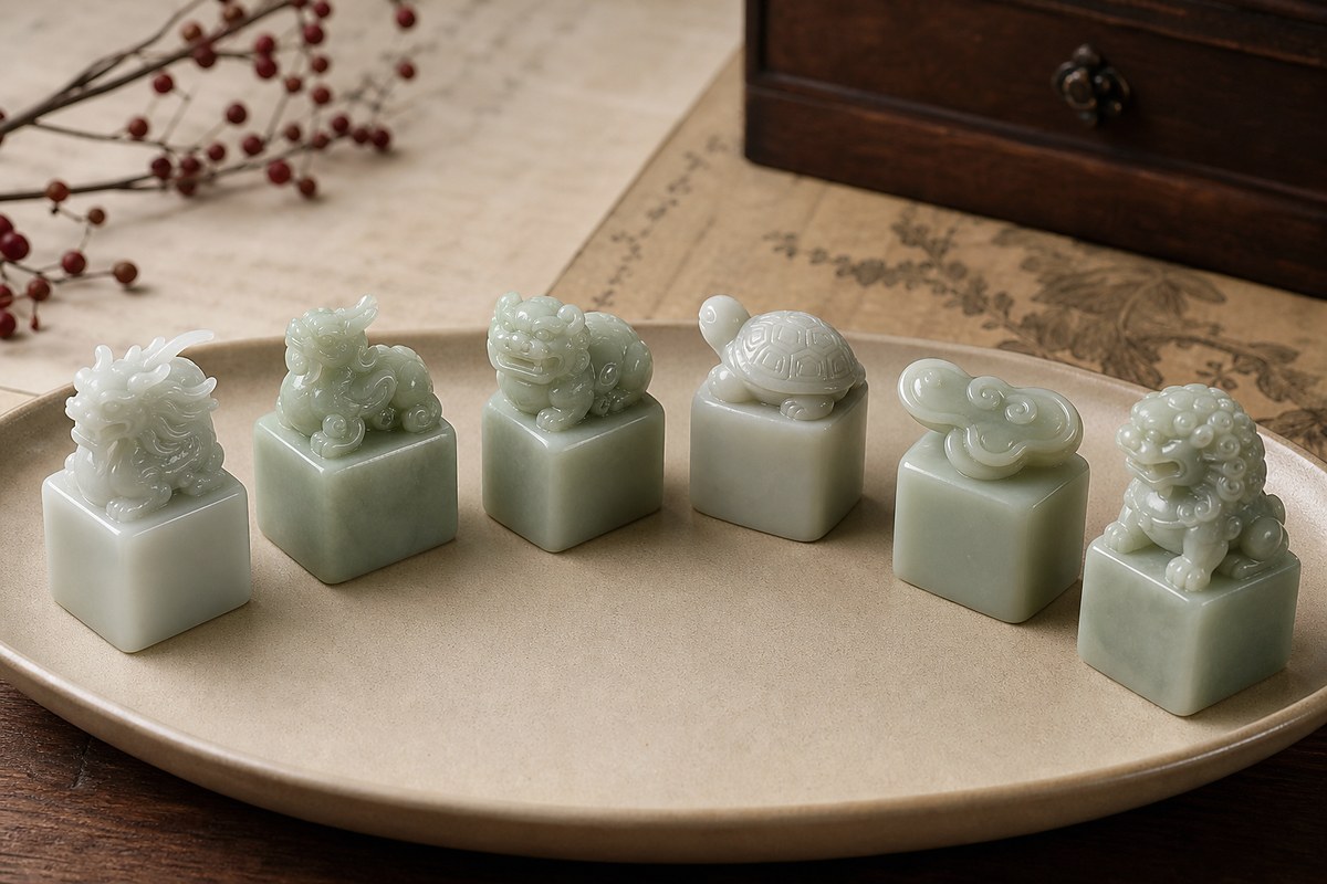 Group of jade seals with dragon, qilin, pixiu, turtle, ru yi, and lion knob forms