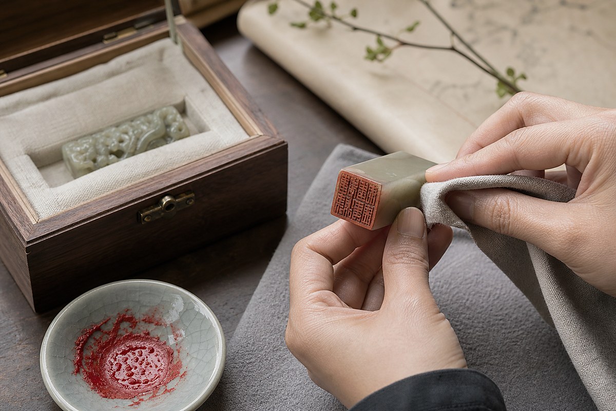 Jade seal gently wiped with a soft cloth beside a wooden storage box