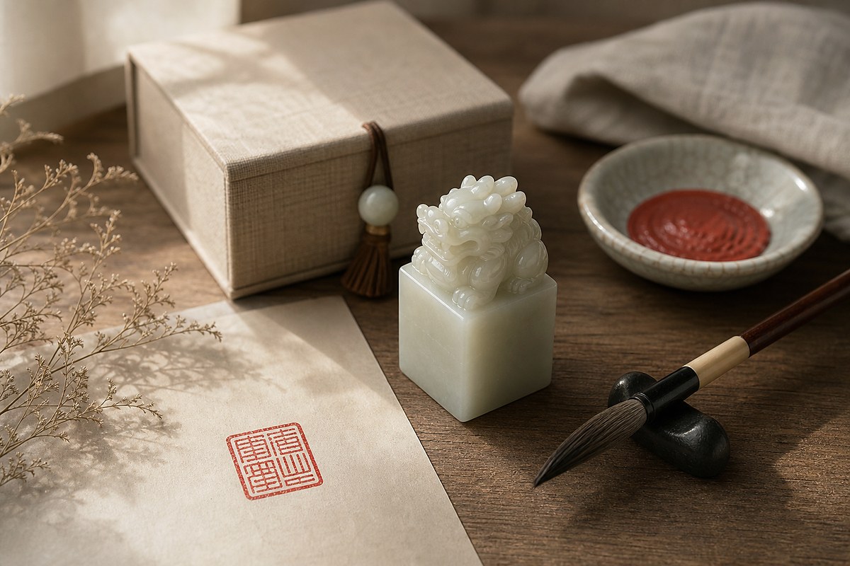 White jade seal beside a finished red seal impression, brush, and soft gift box