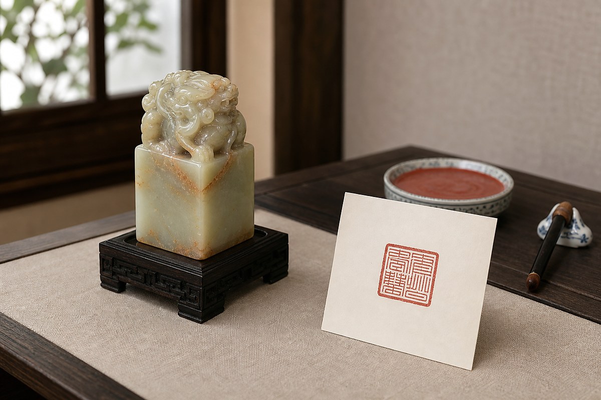 Jade seal displayed on a low stand beside a red seal impression and seal paste dish