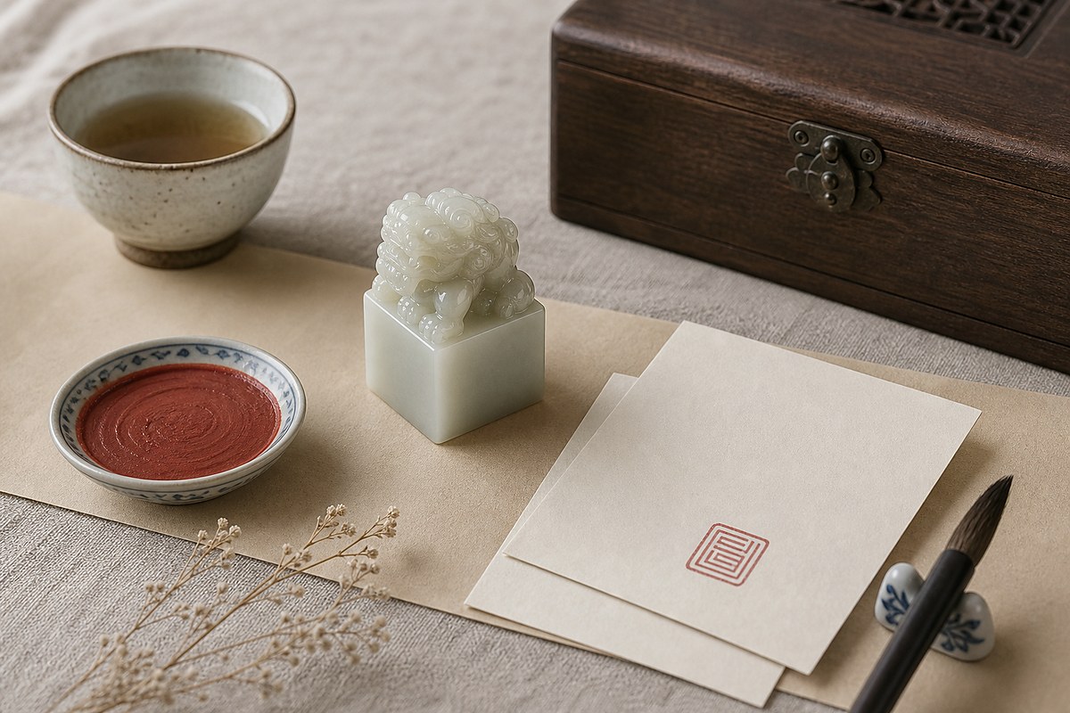 Jade seal with red seal paste, blank note cards, and a small red seal impression