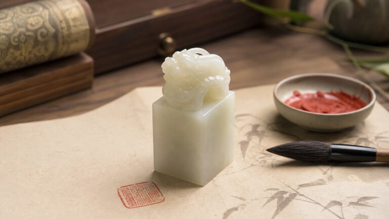 White jade seal with dragon knob on parchment beside cinnabar seal paste