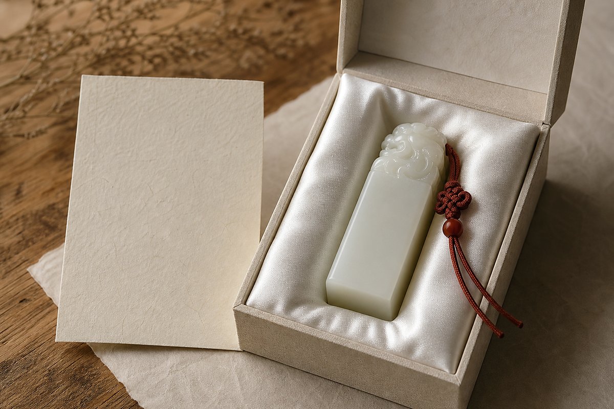 White jade seal in a fitted gift box with red cord and blank note card