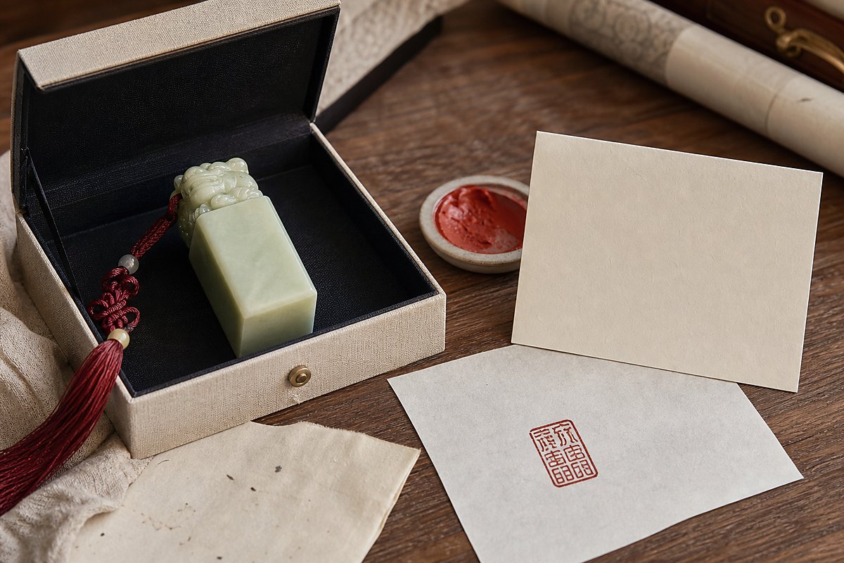 Jade seal lifted from a gift box beside seal paste, blank card, and red impression