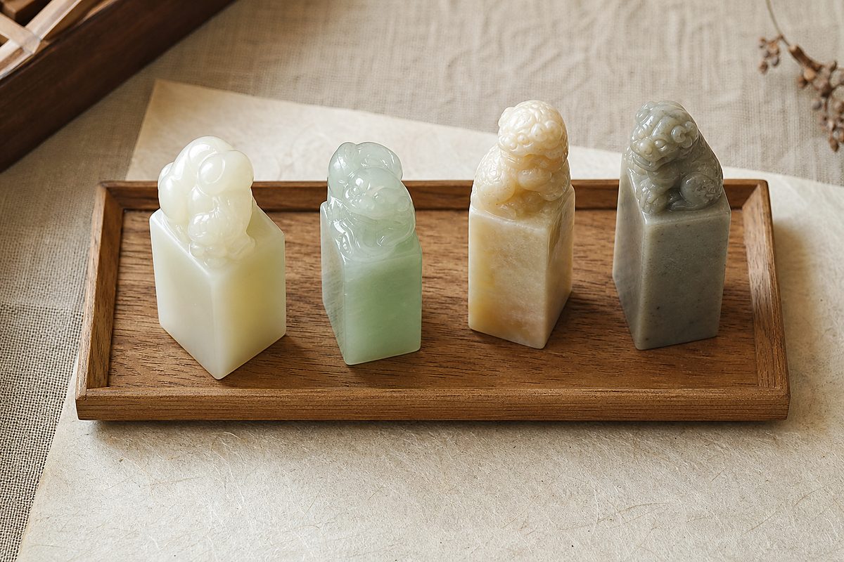 Hetian jade, jadeite, and seal stone seals arranged on warm parchment