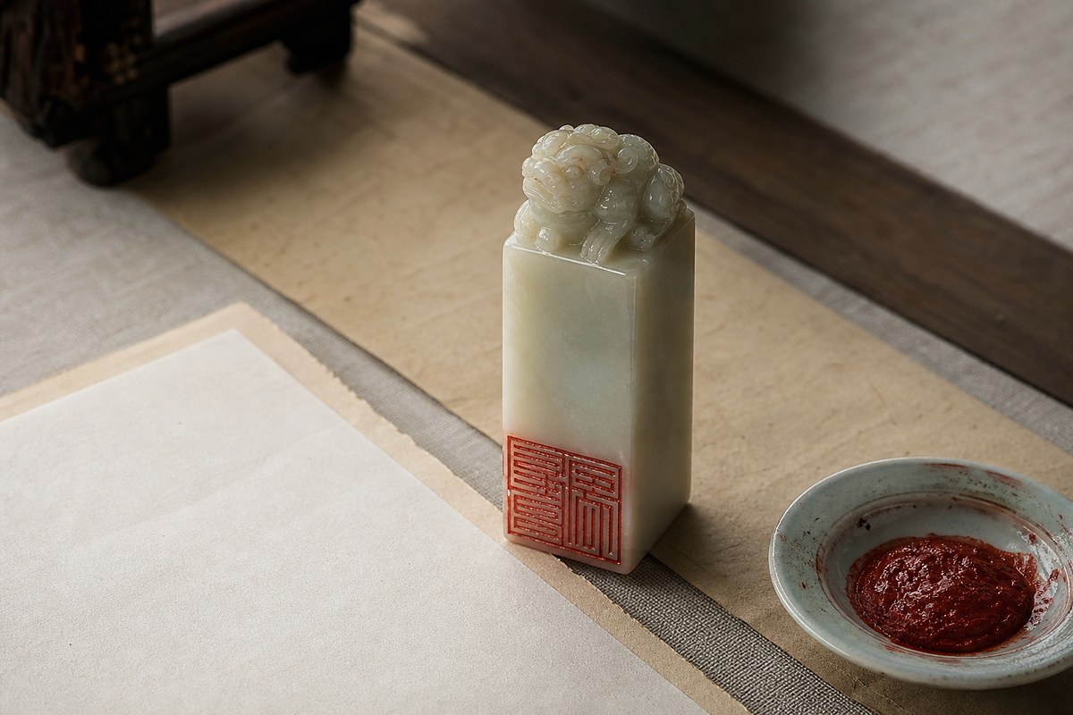 White jade seal showing the square body and seal face beside red seal paste