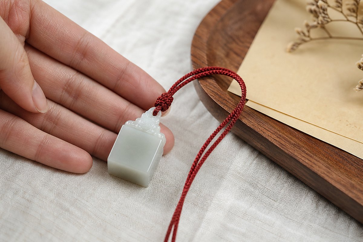 Small square jade seal pendant with braided red cord on neutral linen