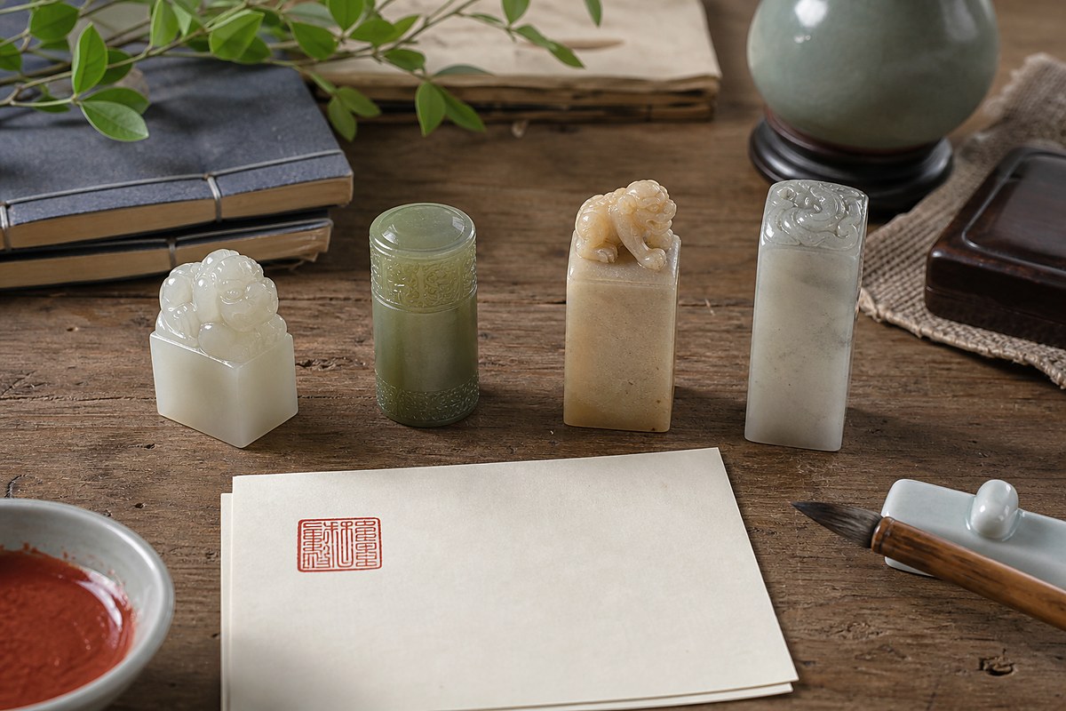 Several jade and seal stone seals arranged on parchment for personal seal uses