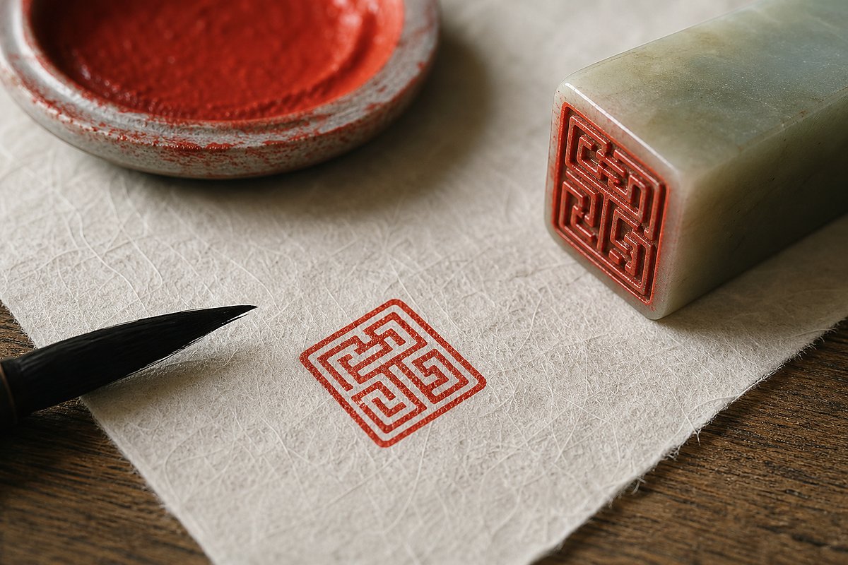 Close view of a jade seal face beside a small red seal impression on rice paper